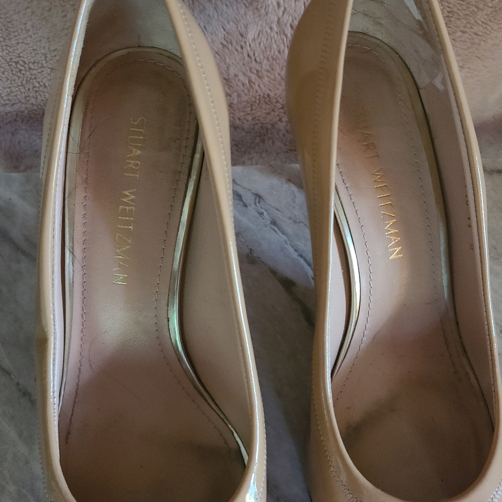 Stuart Weitzman Peep‎ Toe Neutral Patent Leather Tan Heels - Picture 6 of 9